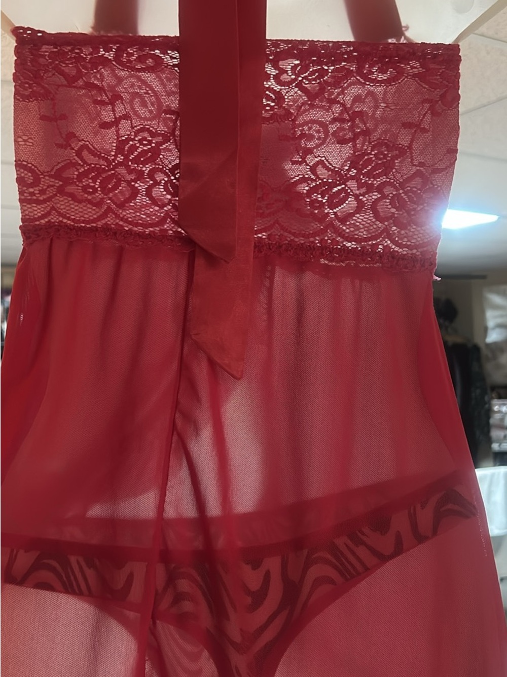 Women's Red Lace Halter Chemise with Sheer Mesh Skirt